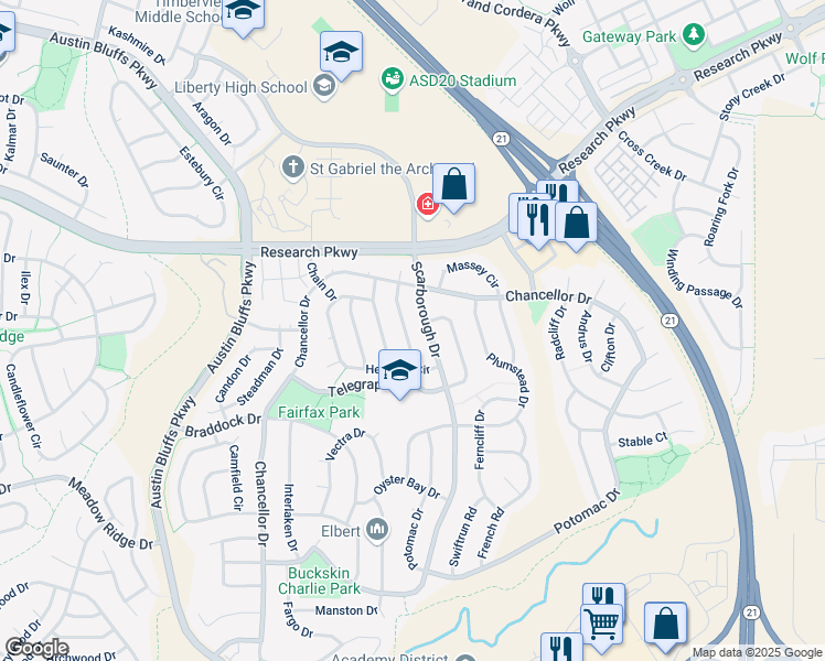 map of restaurants, bars, coffee shops, grocery stores, and more near 8269 Wilmington Drive in Colorado Springs