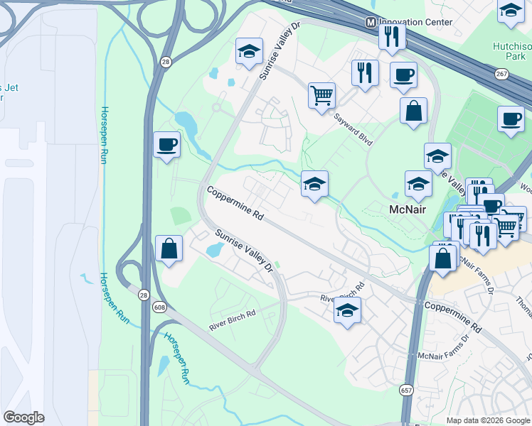map of restaurants, bars, coffee shops, grocery stores, and more near 13732 Copper kettle Place in Herndon