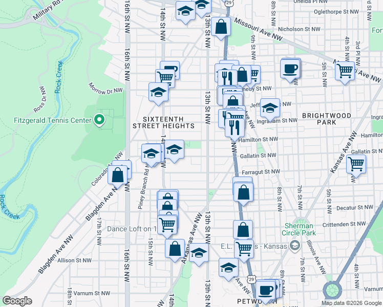 map of restaurants, bars, coffee shops, grocery stores, and more near 1315 Gallatin Street Northwest in Washington