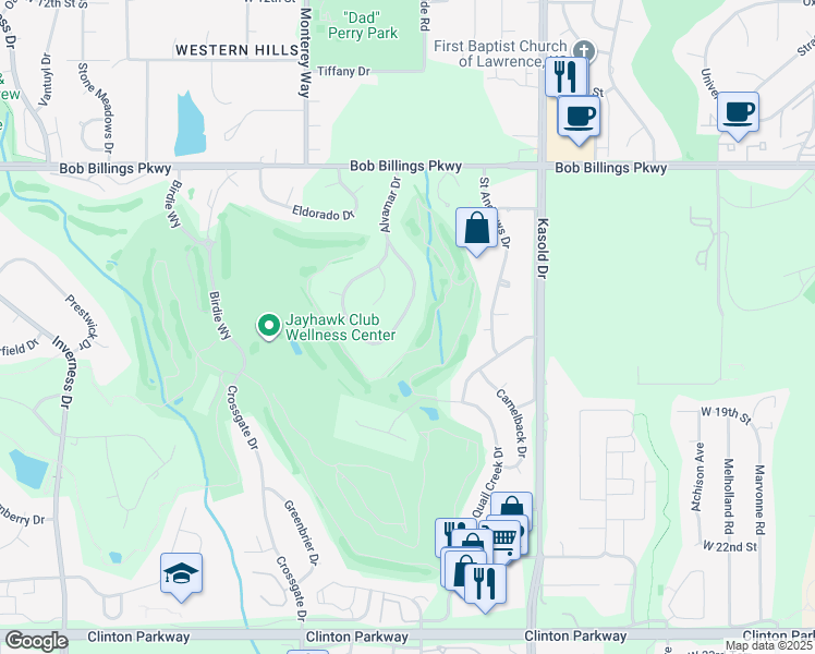 map of restaurants, bars, coffee shops, grocery stores, and more near 1628 Alvamar Drive in Lawrence