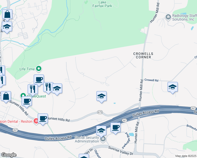 map of restaurants, bars, coffee shops, grocery stores, and more near 1683 Hunting Crest Way in Vienna
