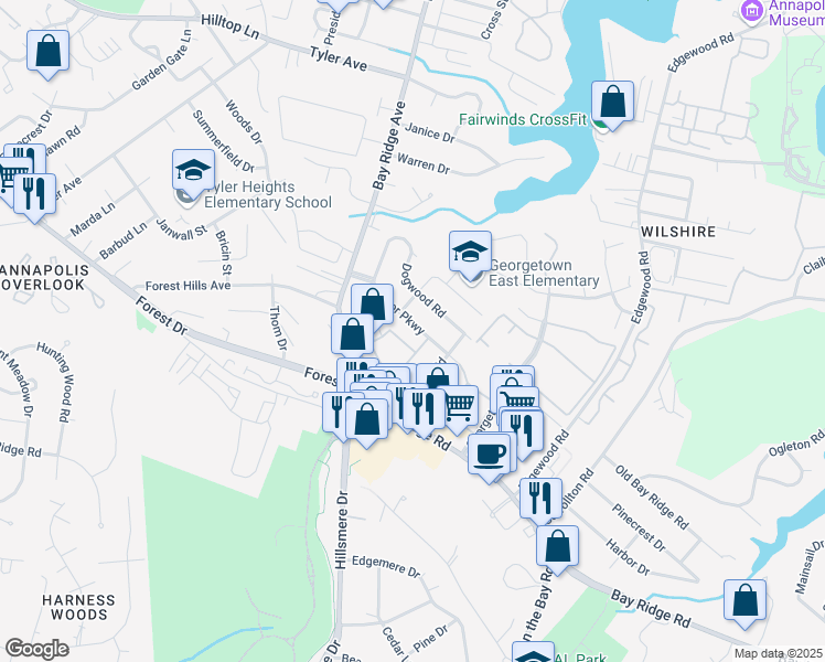 map of restaurants, bars, coffee shops, grocery stores, and more near 106 Victor Parkway in Annapolis