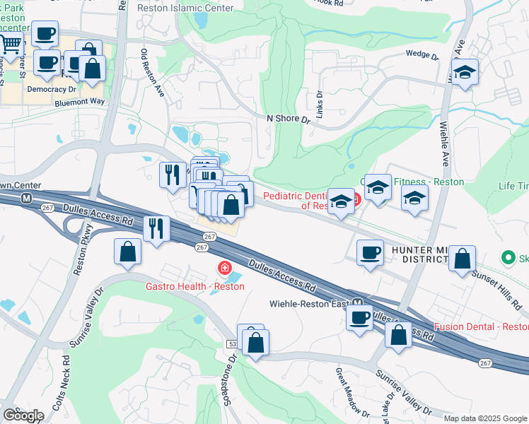 map of restaurants, bars, coffee shops, grocery stores, and more near 11503 Sunset Hills Road in Reston
