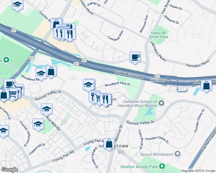 map of restaurants, bars, coffee shops, grocery stores, and more near 12908 Sunrise Ridge Alley in Herndon