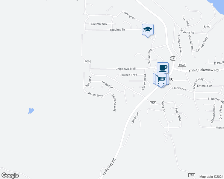 map of restaurants, bars, coffee shops, grocery stores, and more near 9263 Hoopa Drive in Kelseyville