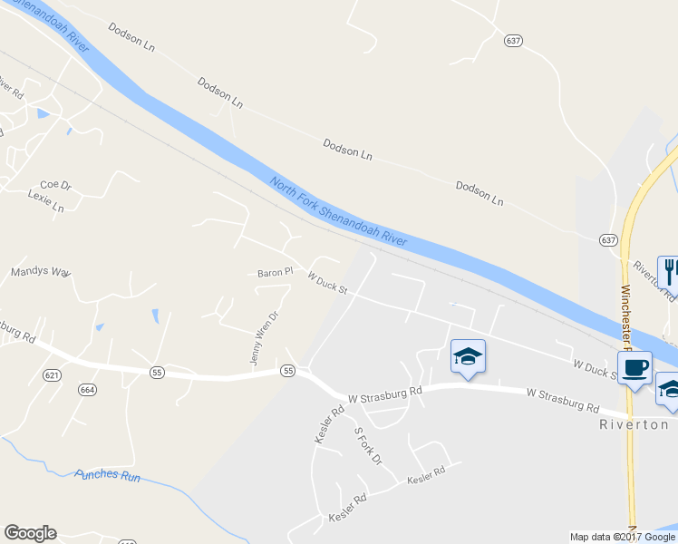 map of restaurants, bars, coffee shops, grocery stores, and more near 1442 River Court in Front Royal
