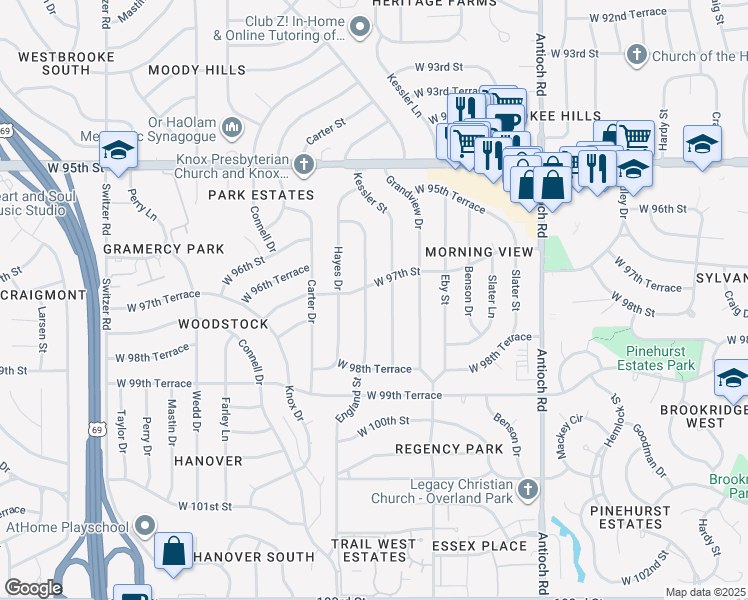 map of restaurants, bars, coffee shops, grocery stores, and more near 9709 England Drive in Overland Park