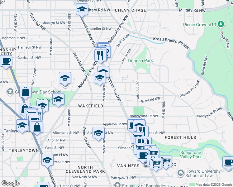 map of restaurants, bars, coffee shops, grocery stores, and more near Connecticut Avenue Northwest & Davenport Street Northwest in Washington