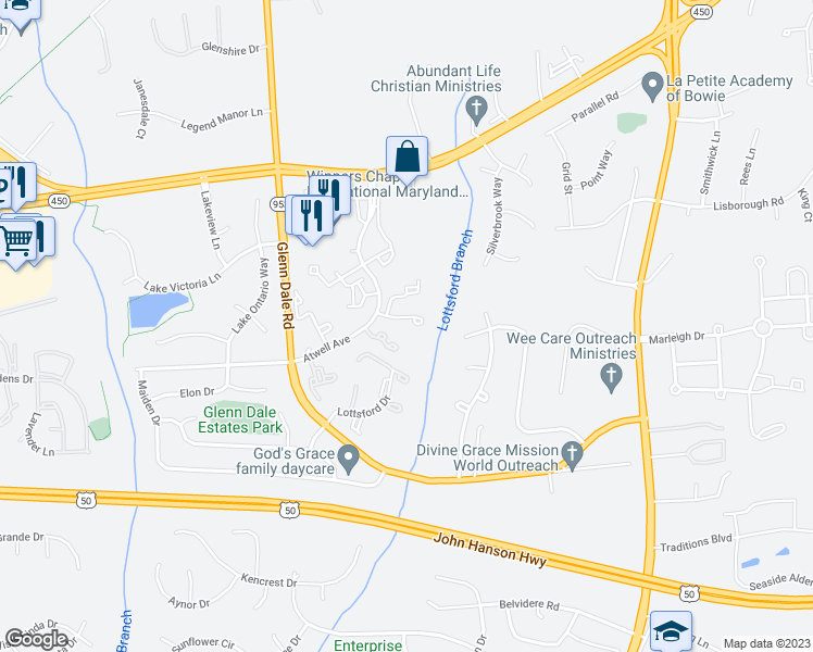 map of restaurants, bars, coffee shops, grocery stores, and more near 11433 Deepwood Drive in Bowie