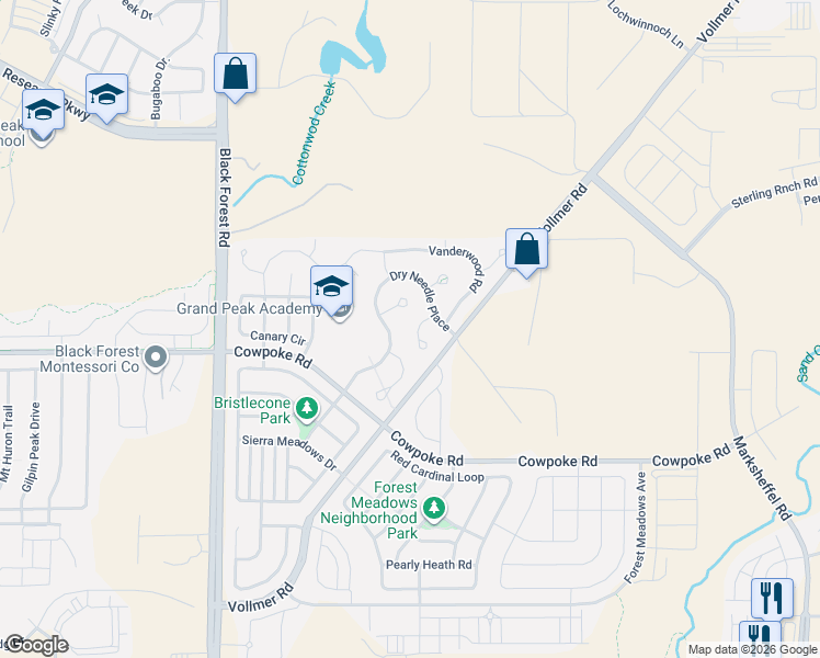 map of restaurants, bars, coffee shops, grocery stores, and more near 8561 Dry Needle Place in Colorado Springs