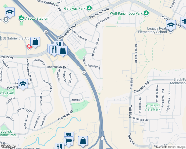 map of restaurants, bars, coffee shops, grocery stores, and more near 8340 James Creek Drive in Colorado Springs