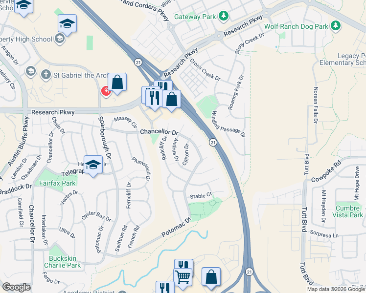map of restaurants, bars, coffee shops, grocery stores, and more near 8320 Clifton Dr in Colorado Springs