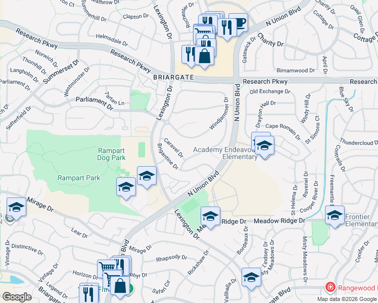 map of restaurants, bars, coffee shops, grocery stores, and more near 8221 Caravel Drive in Colorado Springs