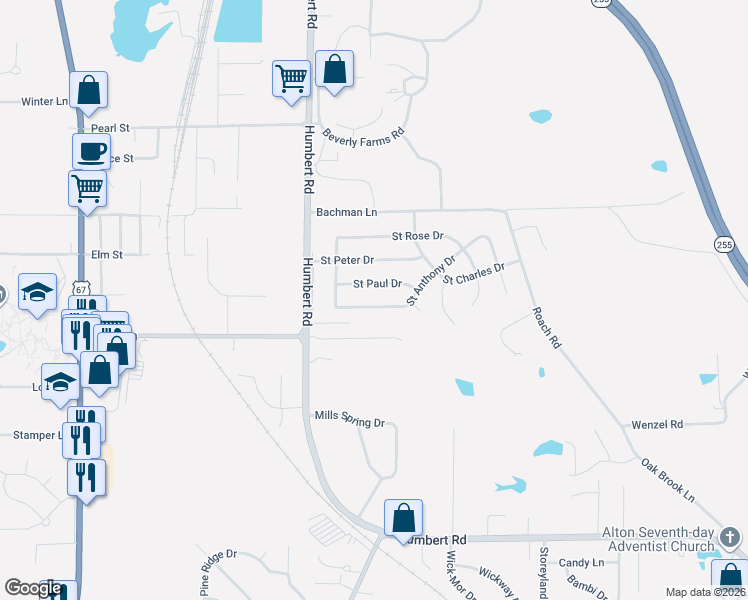 map of restaurants, bars, coffee shops, grocery stores, and more near 611 Saint Anthony Drive in Godfrey