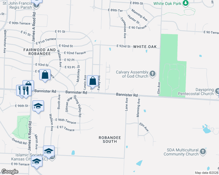 map of restaurants, bars, coffee shops, grocery stores, and more near 9453 West Longview Parkway in Kansas City