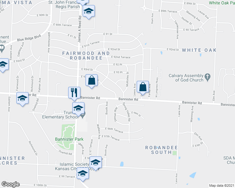 map of restaurants, bars, coffee shops, grocery stores, and more near 8613 East 93rd Street in Kansas City