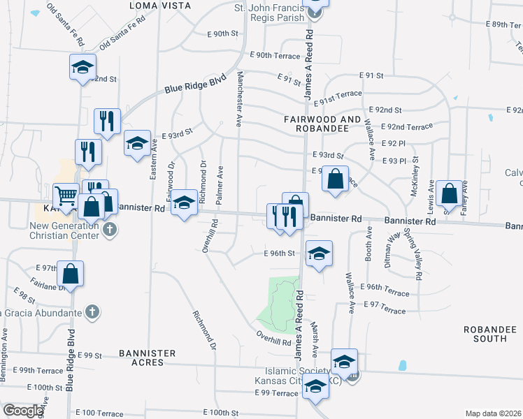 map of restaurants, bars, coffee shops, grocery stores, and more near 7808 Bannister Road in Kansas City