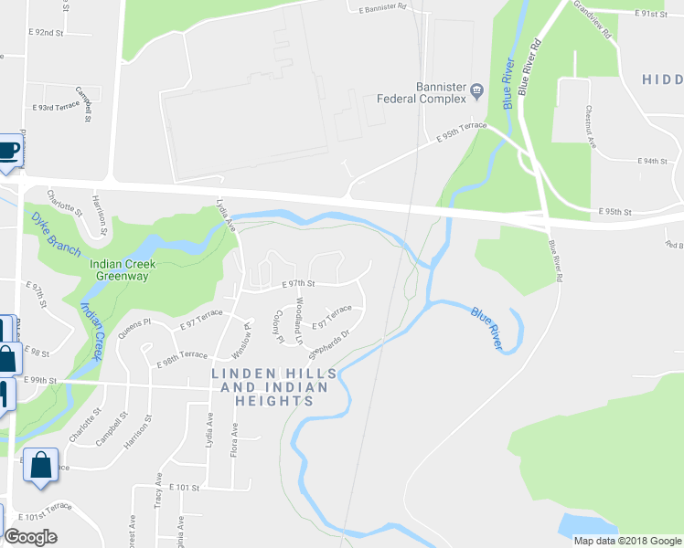 map of restaurants, bars, coffee shops, grocery stores, and more near 1804 East 97th Street in Kansas City