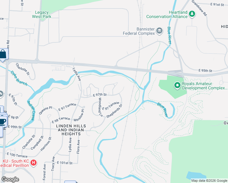 map of restaurants, bars, coffee shops, grocery stores, and more near 1804 East 97th Street in Kansas City