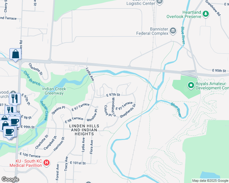 map of restaurants, bars, coffee shops, grocery stores, and more near 1700 East 97th Street in Kansas City