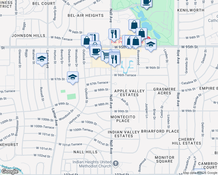 map of restaurants, bars, coffee shops, grocery stores, and more near 5516 West 98th Street in Overland Park