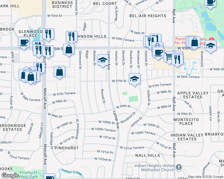 map of restaurants, bars, coffee shops, grocery stores, and more near 9724 Horton Street in Overland Park