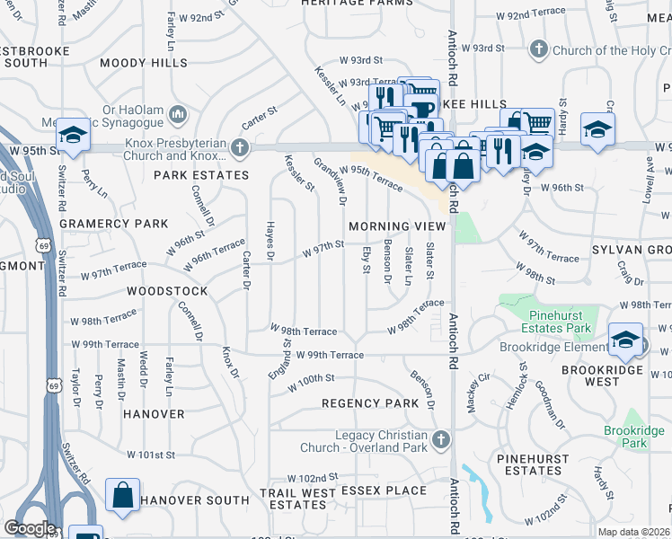 map of restaurants, bars, coffee shops, grocery stores, and more near 9714 Grandview Drive in Overland Park