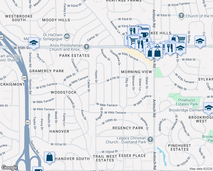 map of restaurants, bars, coffee shops, grocery stores, and more near 9709 England Drive in Overland Park