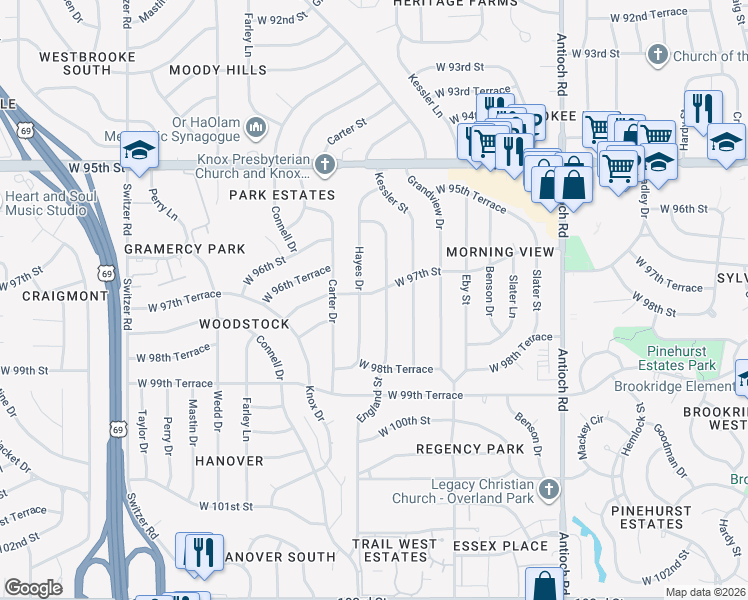 map of restaurants, bars, coffee shops, grocery stores, and more near 9703 Hayes Drive in Overland Park