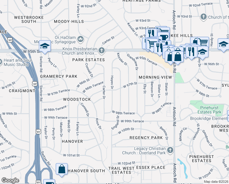 map of restaurants, bars, coffee shops, grocery stores, and more near 9703 Hayes Drive in Overland Park