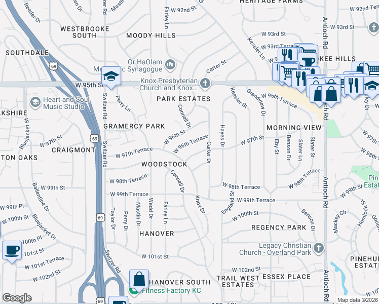 map of restaurants, bars, coffee shops, grocery stores, and more near 9712 West 97th Street in Overland Park