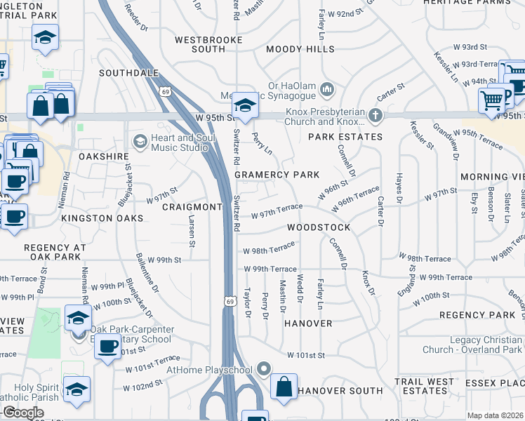 map of restaurants, bars, coffee shops, grocery stores, and more near 10204 West 97th Terrace in Overland Park
