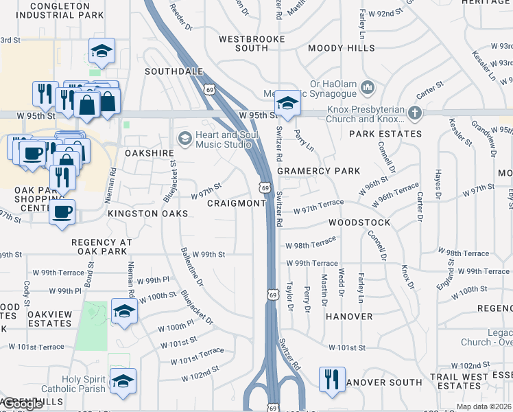 map of restaurants, bars, coffee shops, grocery stores, and more near 9742 Melrose Street in Overland Park