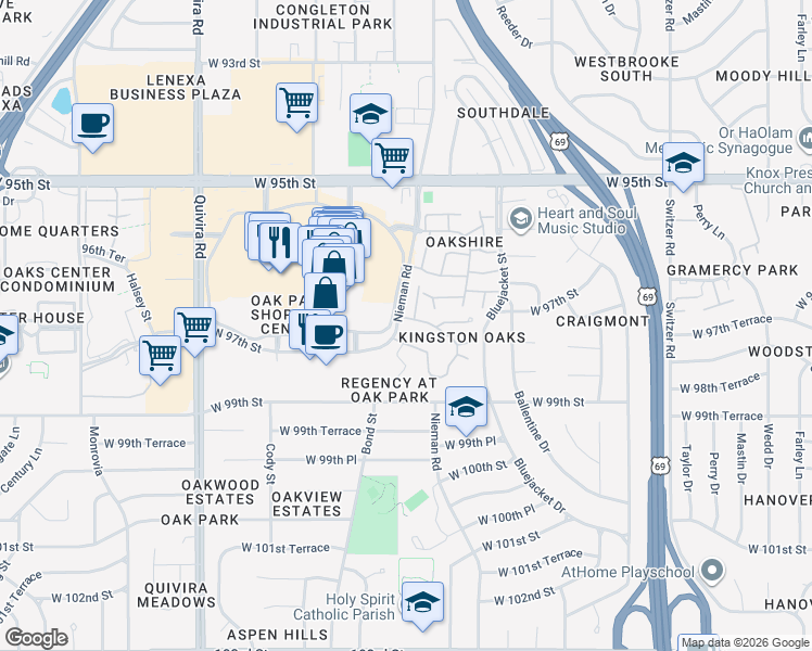 map of restaurants, bars, coffee shops, grocery stores, and more near 11052 West 97th Circle in Overland Park