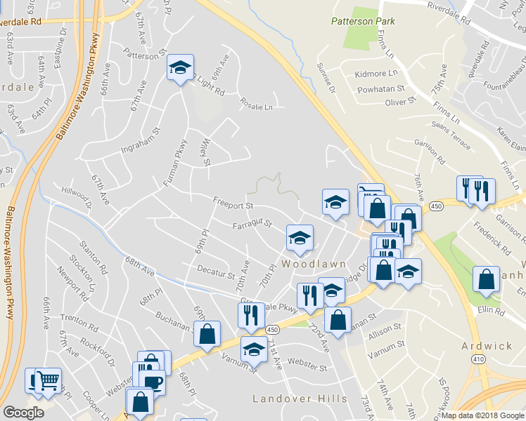 map of restaurants, bars, coffee shops, grocery stores, and more near 6911 Freeport Street in Hyattsville