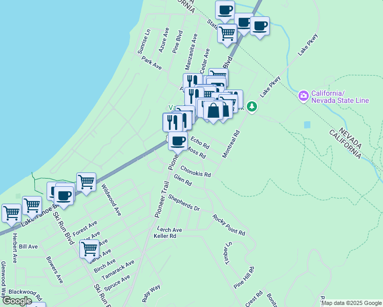 map of restaurants, bars, coffee shops, grocery stores, and more near 1022 Moss Road in South Lake Tahoe
