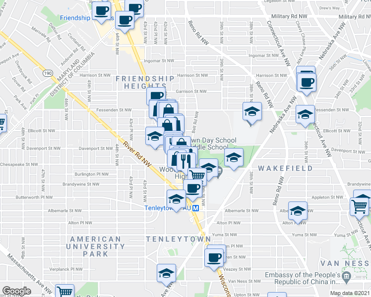 map of restaurants, bars, coffee shops, grocery stores, and more near 41st Street Northwest & Davenport Street Northwest in Washington