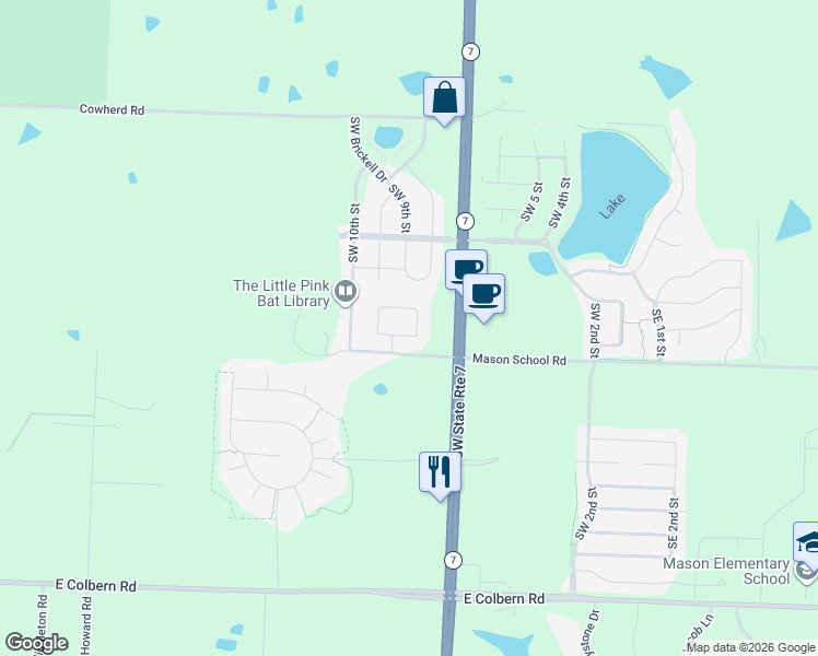 map of restaurants, bars, coffee shops, grocery stores, and more near 9030 Southwest Macintosh Drive in Blue Springs