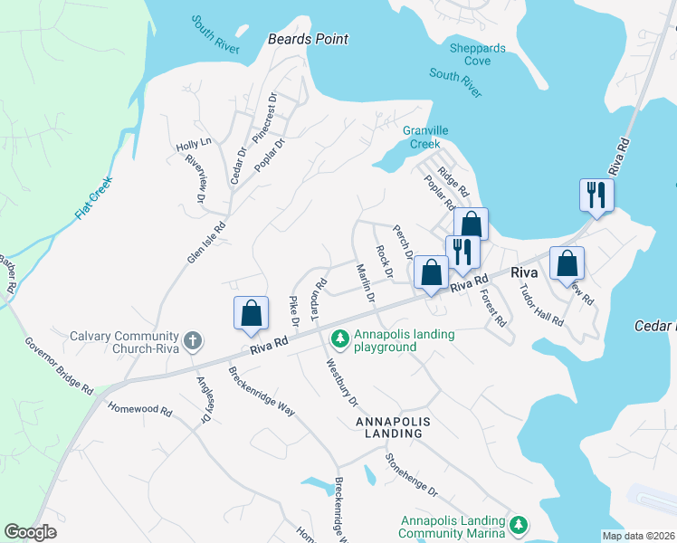 map of restaurants, bars, coffee shops, grocery stores, and more near 3031 Tarpon Road in Riva