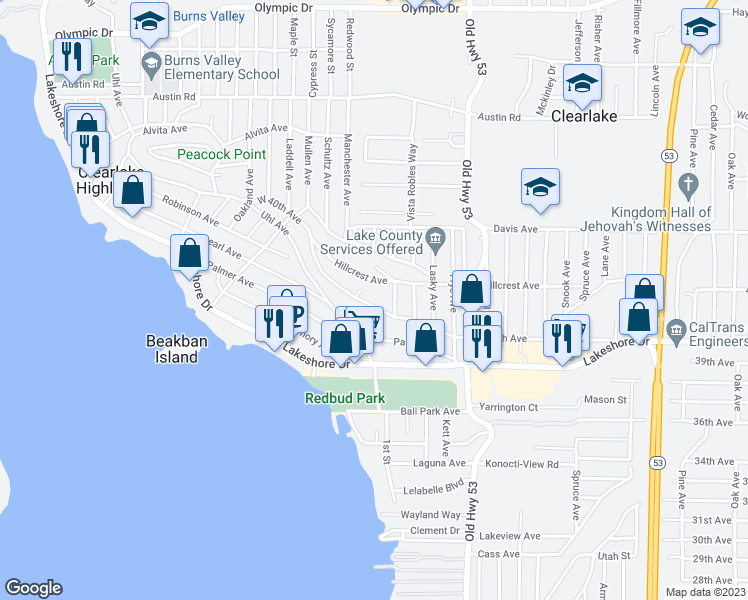 map of restaurants, bars, coffee shops, grocery stores, and more near 4700 West 40th Avenue in Clearlake