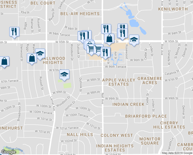 map of restaurants, bars, coffee shops, grocery stores, and more near 5516 West 98th Street in Overland Park