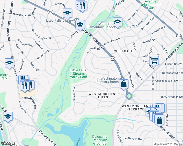 map of restaurants, bars, coffee shops, grocery stores, and more near 5306 Falmouth Road in Bethesda