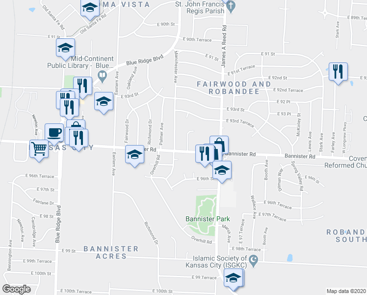 map of restaurants, bars, coffee shops, grocery stores, and more near 7808 Bannister Road in Kansas City