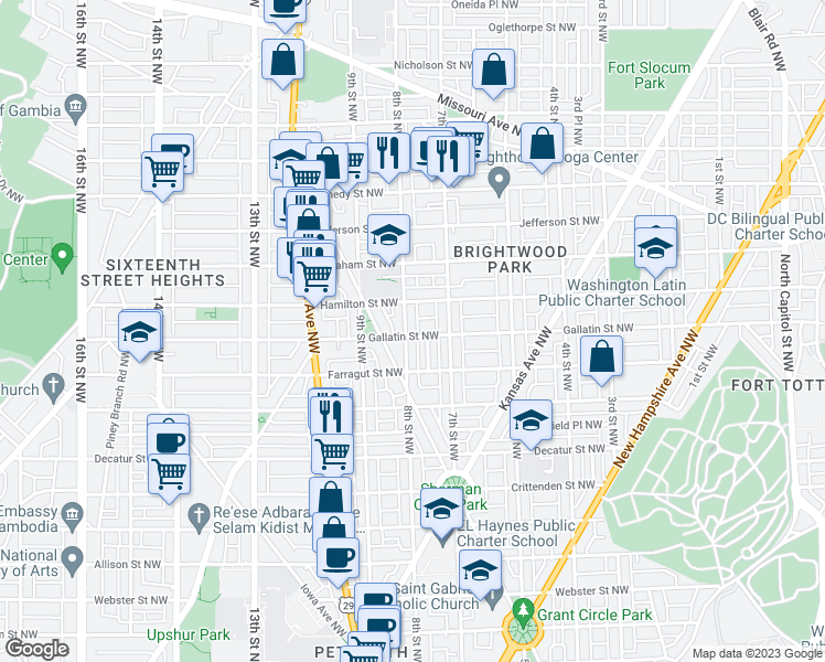 map of restaurants, bars, coffee shops, grocery stores, and more near 5101 8th Street Northwest in Washington