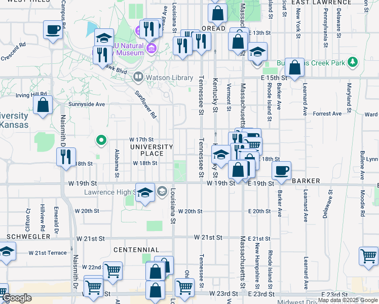 map of restaurants, bars, coffee shops, grocery stores, and more near 414 West 18th Street in Lawrence