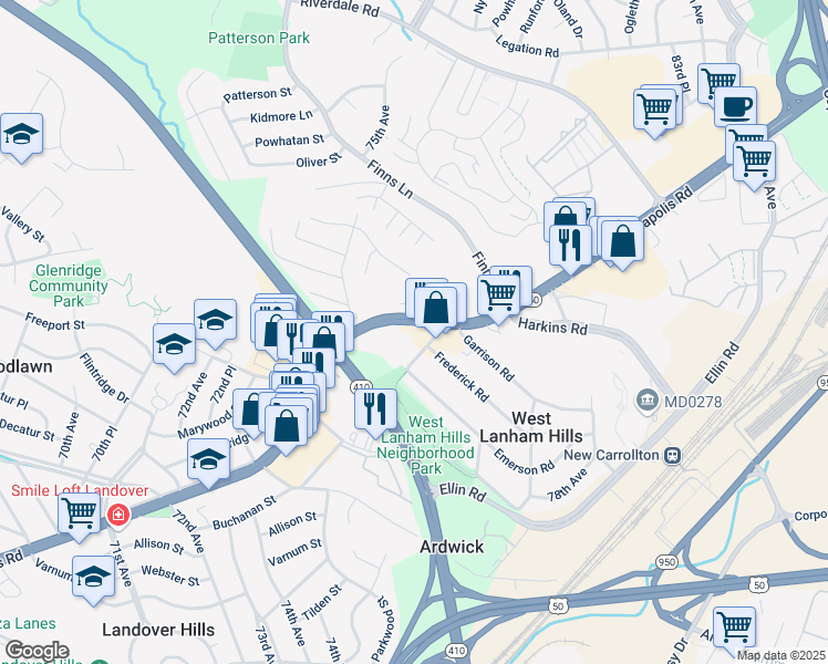 map of restaurants, bars, coffee shops, grocery stores, and more near 7609 Annapolis Road in Hyattsville