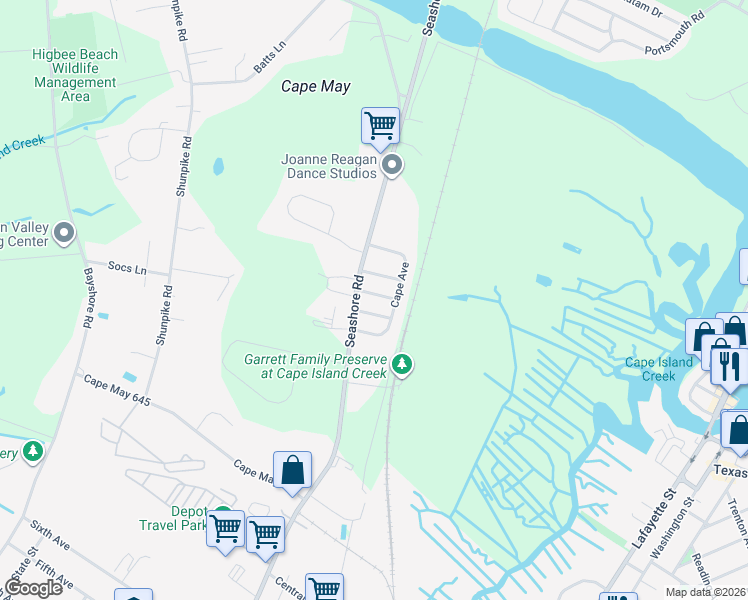 map of restaurants, bars, coffee shops, grocery stores, and more near 808 Mayflower Avenue in Cape May