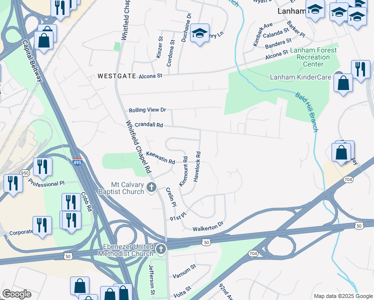 map of restaurants, bars, coffee shops, grocery stores, and more near 4507 Kinmount Road in Lanham