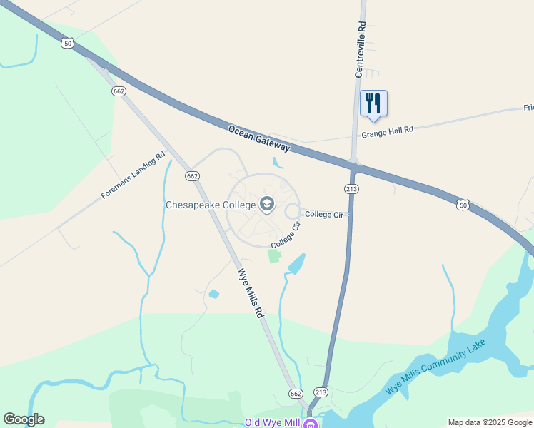 map of restaurants, bars, coffee shops, grocery stores, and more near 1000 College Circle in Wye Mills