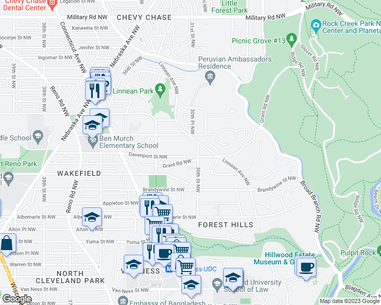 map of restaurants, bars, coffee shops, grocery stores, and more near 3021 Davenport Street Northwest in Washington